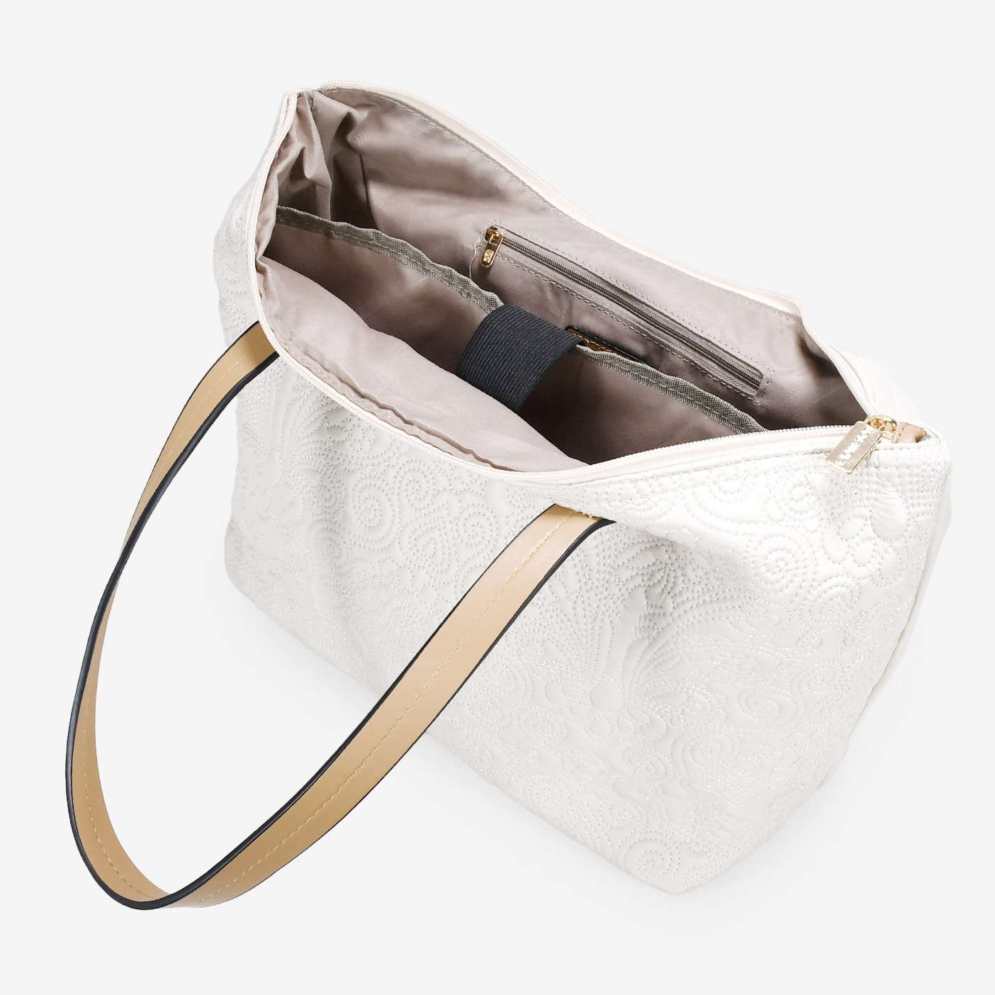 Bolso shopper beige con bordado floral y cremallera