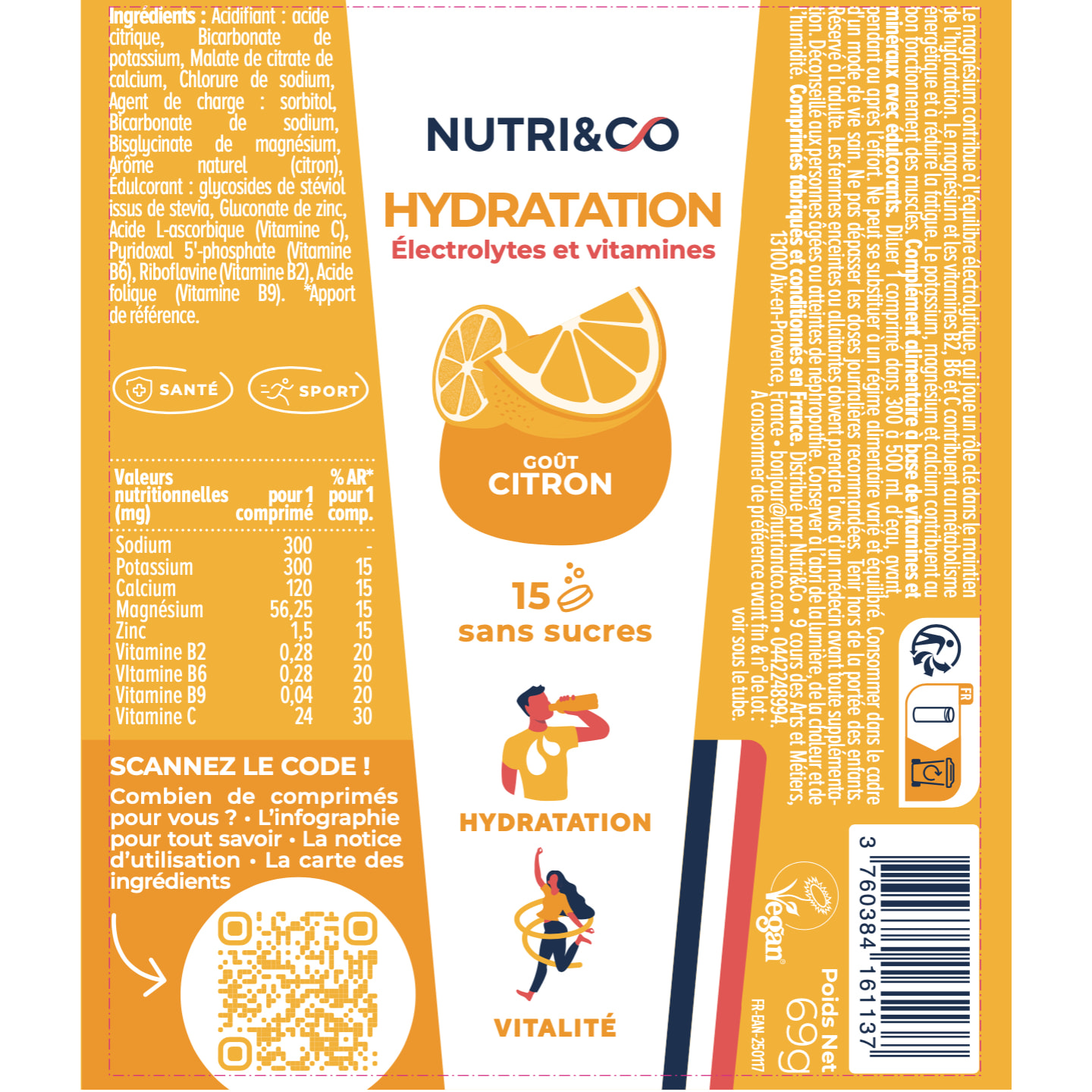 Nutri&Co Électrolytes Hydratation - 5 Minéraux 4 Vitamines - Goût Citron - Lot de 3 tubes - 45 comprimés