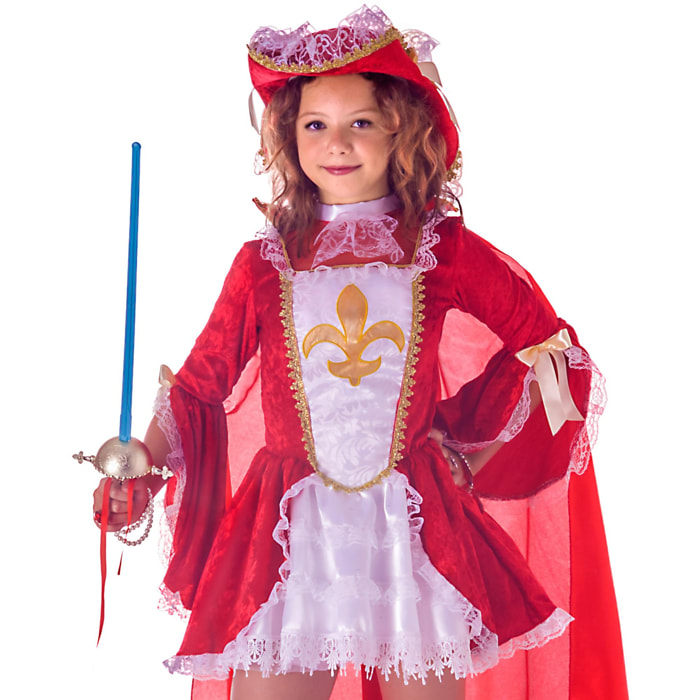 Lady Moschettiera Costume Carnevale 2-In-1 Rosso Bianco Bambina