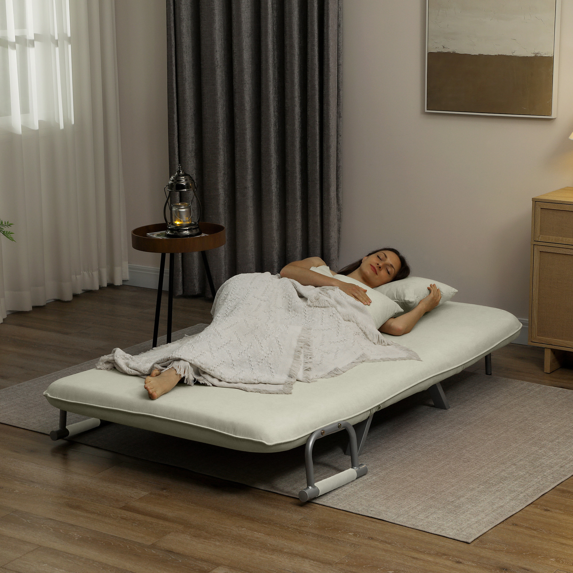 Sofá Cama de 2 Plaza 2 en 1, Sillón Cama Plegable Tapizado en Ante Sintético, con Respaldo Ajustable en 5 Niveles y 2 Almohadas Acolchadas, para Oficina, Dormitorio, Salón, 111x80x78 cm, Crema