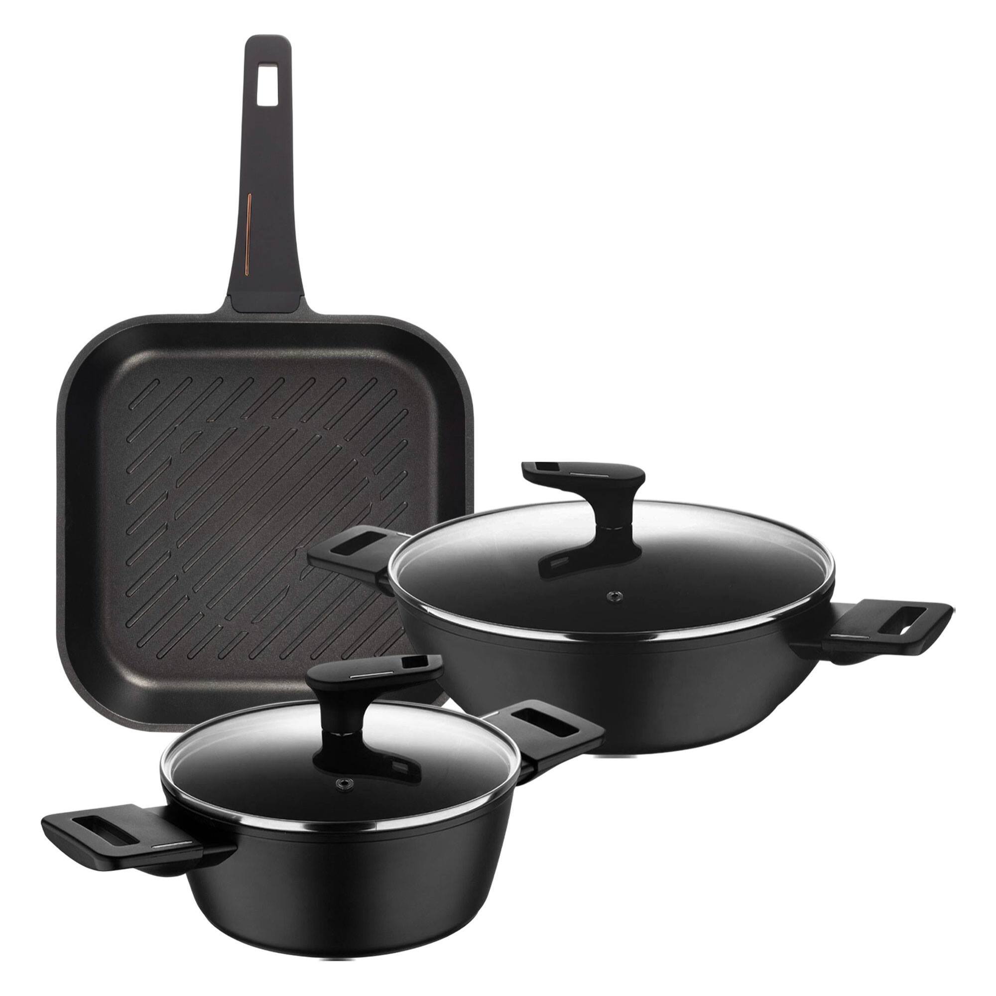 Juego de 2 Cacerolas Bajas Ø20cm (2,2L) + Ø28cm (4,2L) con tapas en Aluminio forjado + Sartén grill 28x28cm en aluminio fundido Copper Bergner