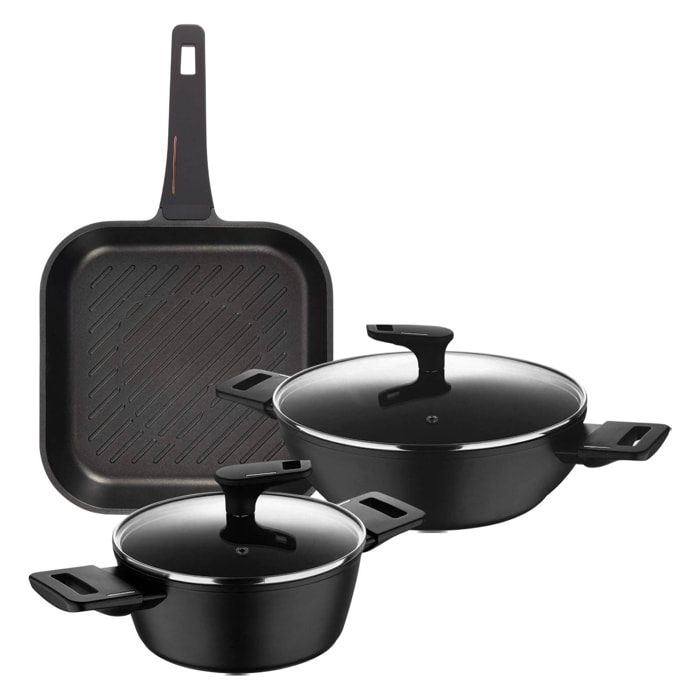 Juego de 2 Cacerolas Bajas Ø20cm (2,2L) + Ø28cm (4,2L) con tapas en Aluminio forjado + Sartén grill 28x28cm en aluminio fundido Copper Bergner