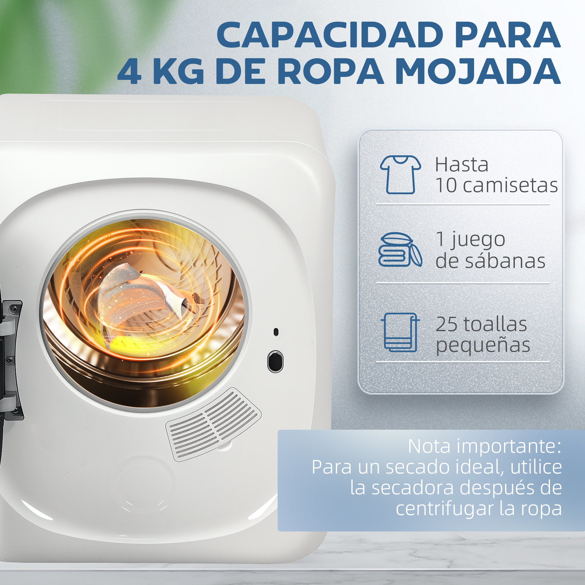 Secadora de Evacuación 4 KG, Secadora de Ropa 800W, Función Antiarrugas, Función Esterilizar, 5 Programas, Carga Frontal, Fácil de planchar, Tambor Inox, Blanco