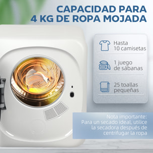 Secadora de Evacuación 4 KG, Secadora de Ropa 800W, Función Antiarrugas, Función Esterilizar, 5 Programas, Carga Frontal, Fácil de planchar, Tambor Inox, Blanco