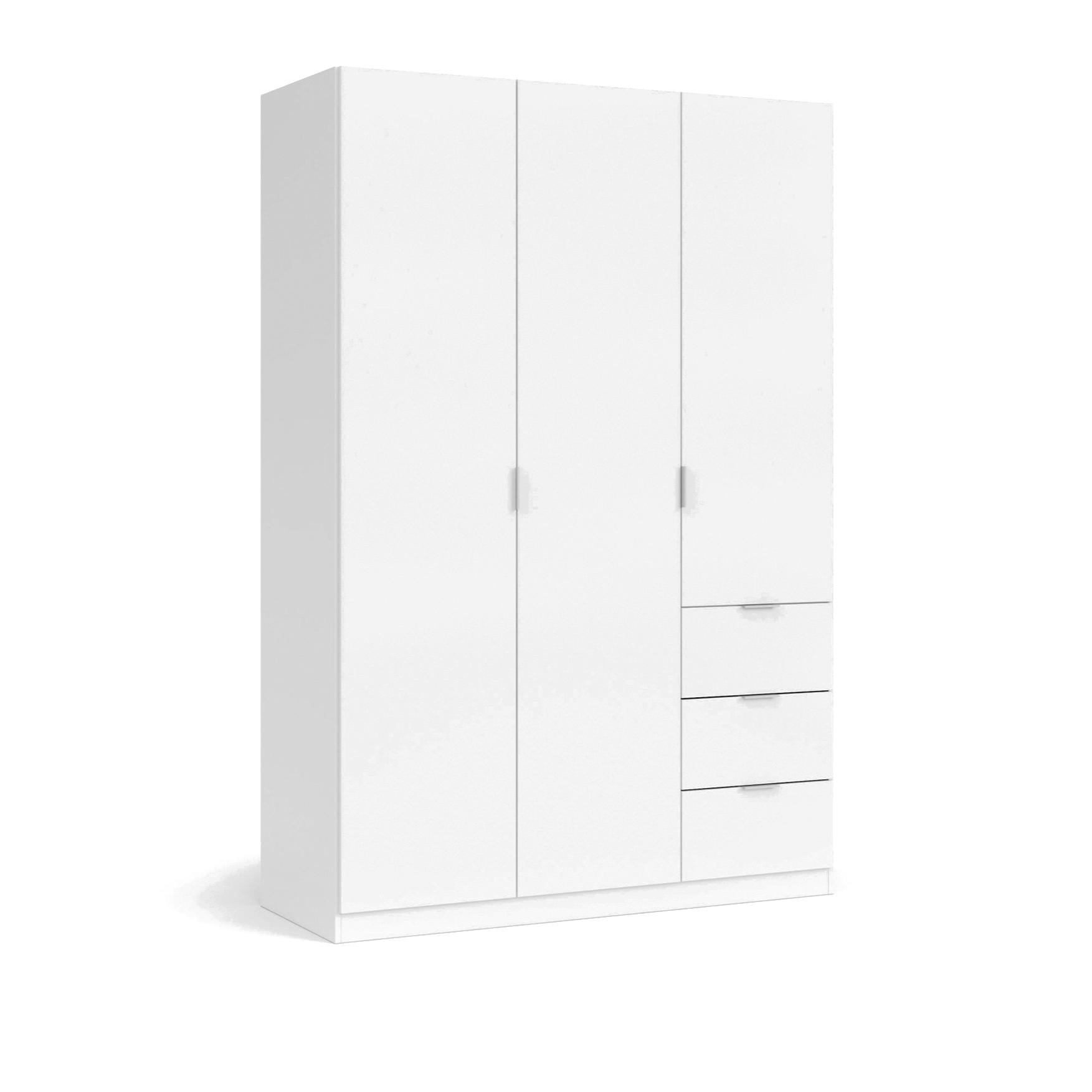 Guardaroba Fullerton, Armadio per camera da letto a 3 ante e 3 cassetti, Mobile con 3 ripiani e barra appendiabiti, cm 135x52h200, Bianco