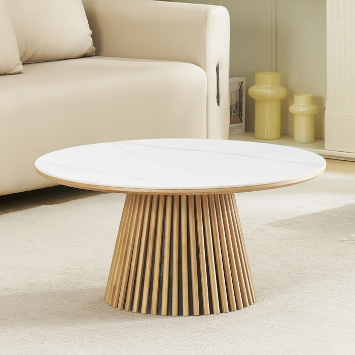 Table basse ronde plateau en céramique bicolore piètement cannelé - ADA