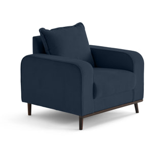 Albane - fauteuil en velours côtelé pieds bois foncé - Bleu Ardoise