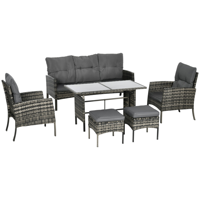 Conjunto de Muebles de Jardín Exterior de Ratán Juego de 6 Piezas Muebles de Terraza con Sofá de 3 Plazas Sillones Cojines Taburetes y Mesa de Centro para Patio Gris