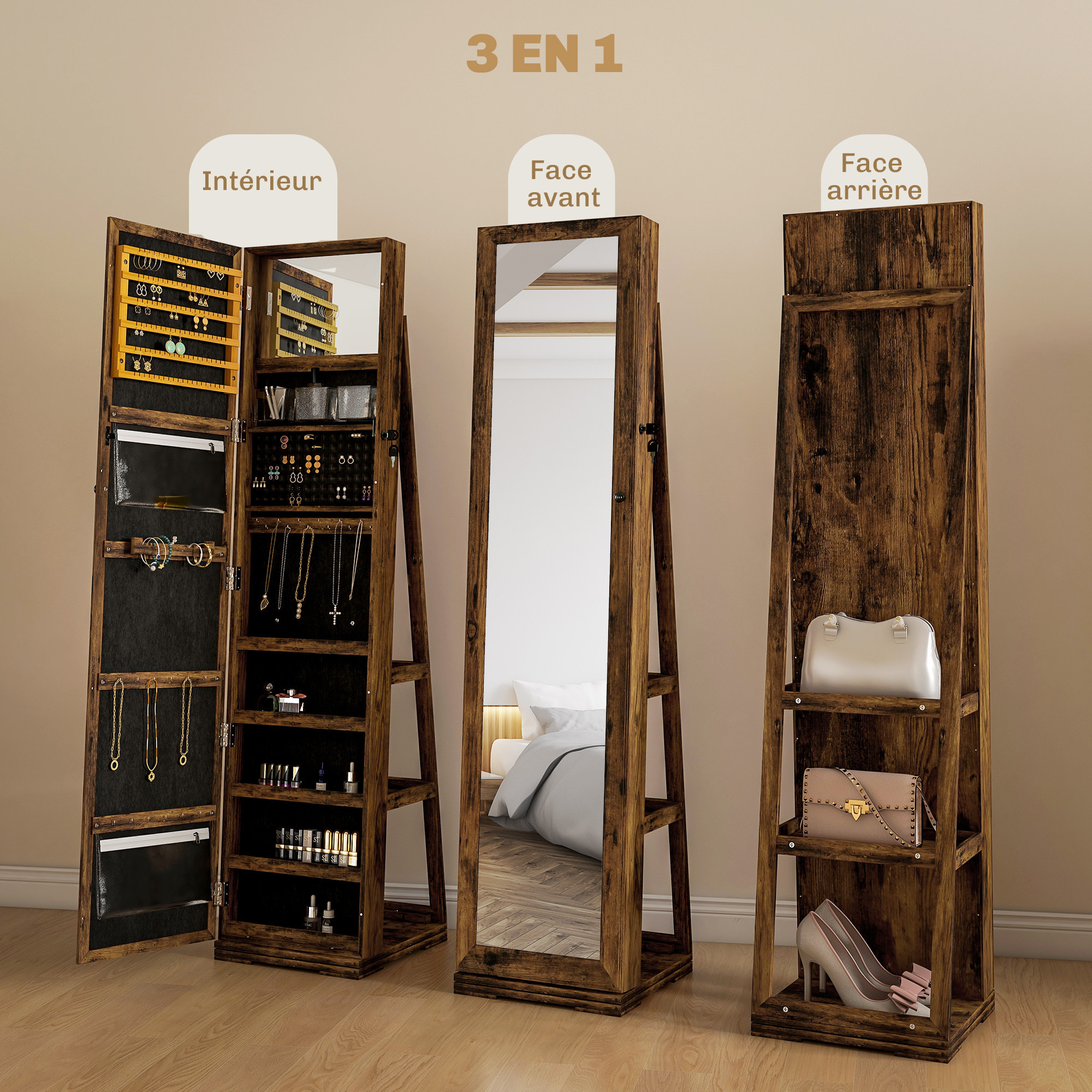 Armoire à bijoux pivotante verrouillable avec miroir - armoire bijoux multi-rangement - MDF effet bois vieilli