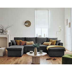 Cyrus - canapé panoramique en U - 7 places - convertible avec coffre - en velours côtelé - Gris foncé