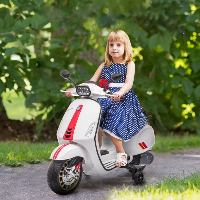 Scooter électrique enfant Vespa 6V - musiques, feu AV, entrée USB, radio FM - 2 roues support aux. - blanc