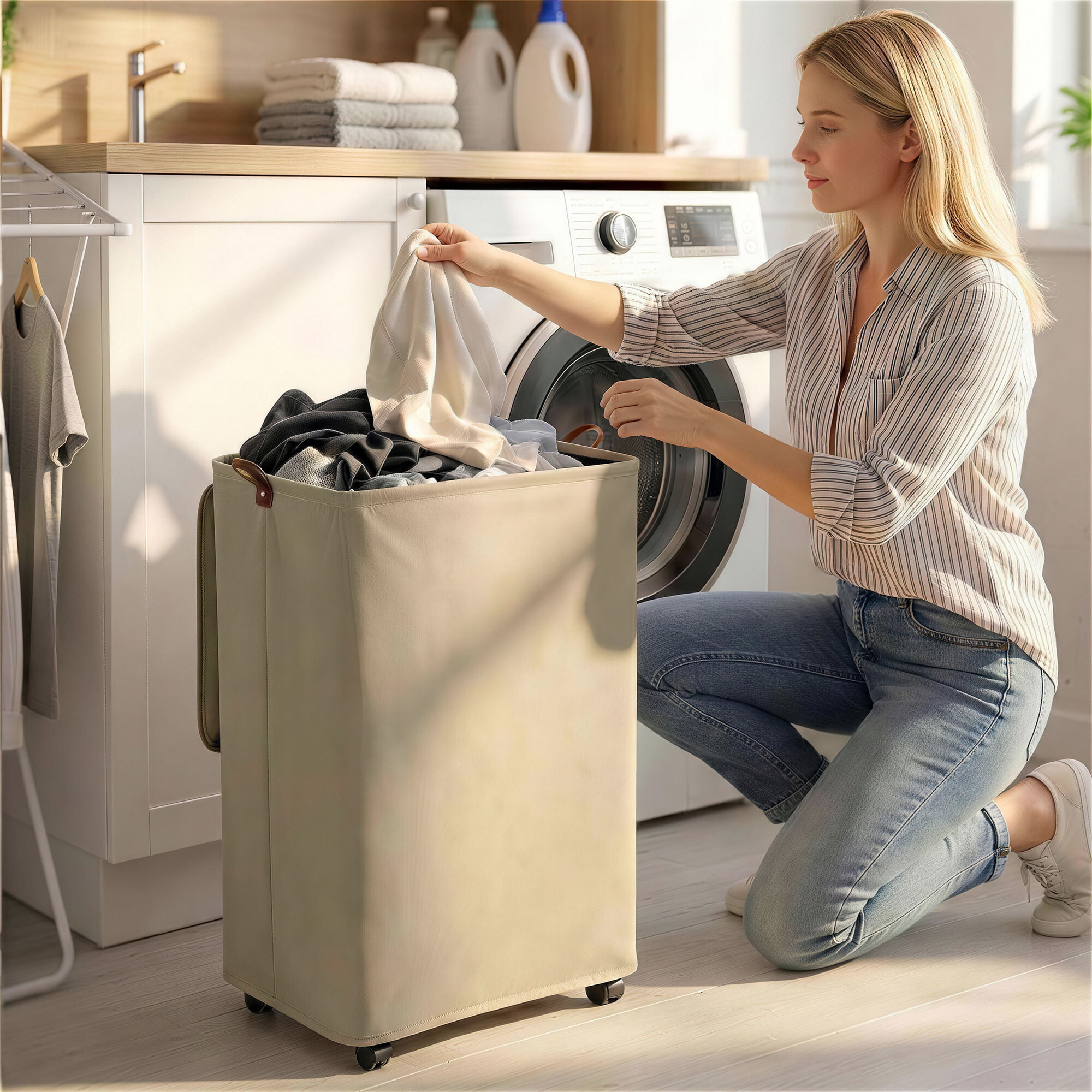 Cesto de Ropa Sucia con Tapa y Ruedas, 50L, Cesta de Ropa Sucia Plegable con Bolsa con Cordón Extraíble y Lavable, para Lavandería, Dormitorio, Baño, 40x30x65 cm, Camel
