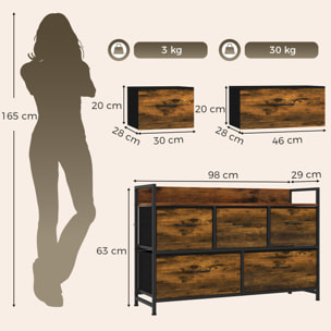 Mueble Organizador Cajonera de Tela con Cajones Plegables Estante Abierto y Marco de Acero Estilo Industrial para Salón Recibidor Dormitorio 98x29x63 cm, Marrón Rústico