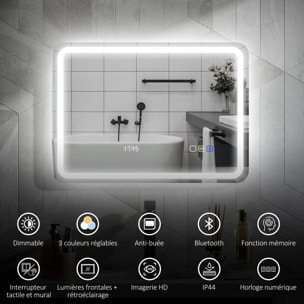 Miroir lumineux LED salle de bain Bluetooth 50x70cm - horloge numérique, antibuée, tactile, réglable - verre trempé 4 mm