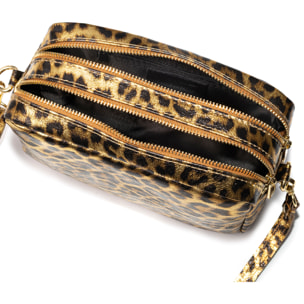 Degna borsa a tracolla donna. Pelle Scamosciata autentica con stampa animalier leopardata e finitura lucida.