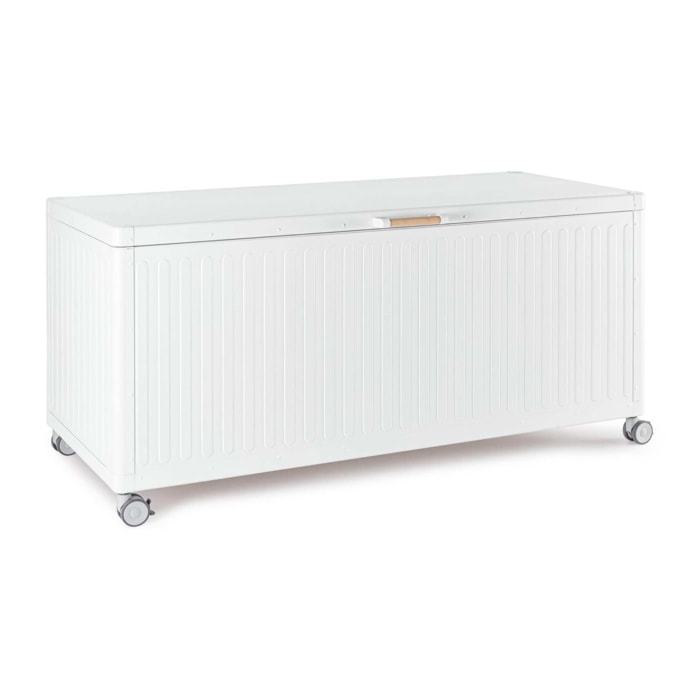 Baule da giardino BRAGA in alluminio bianco, con ruote e maniglia effetto legno