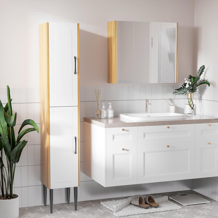 Armoire miroir salle de bain 3 portes 4 étagères aspect bois clair blanc