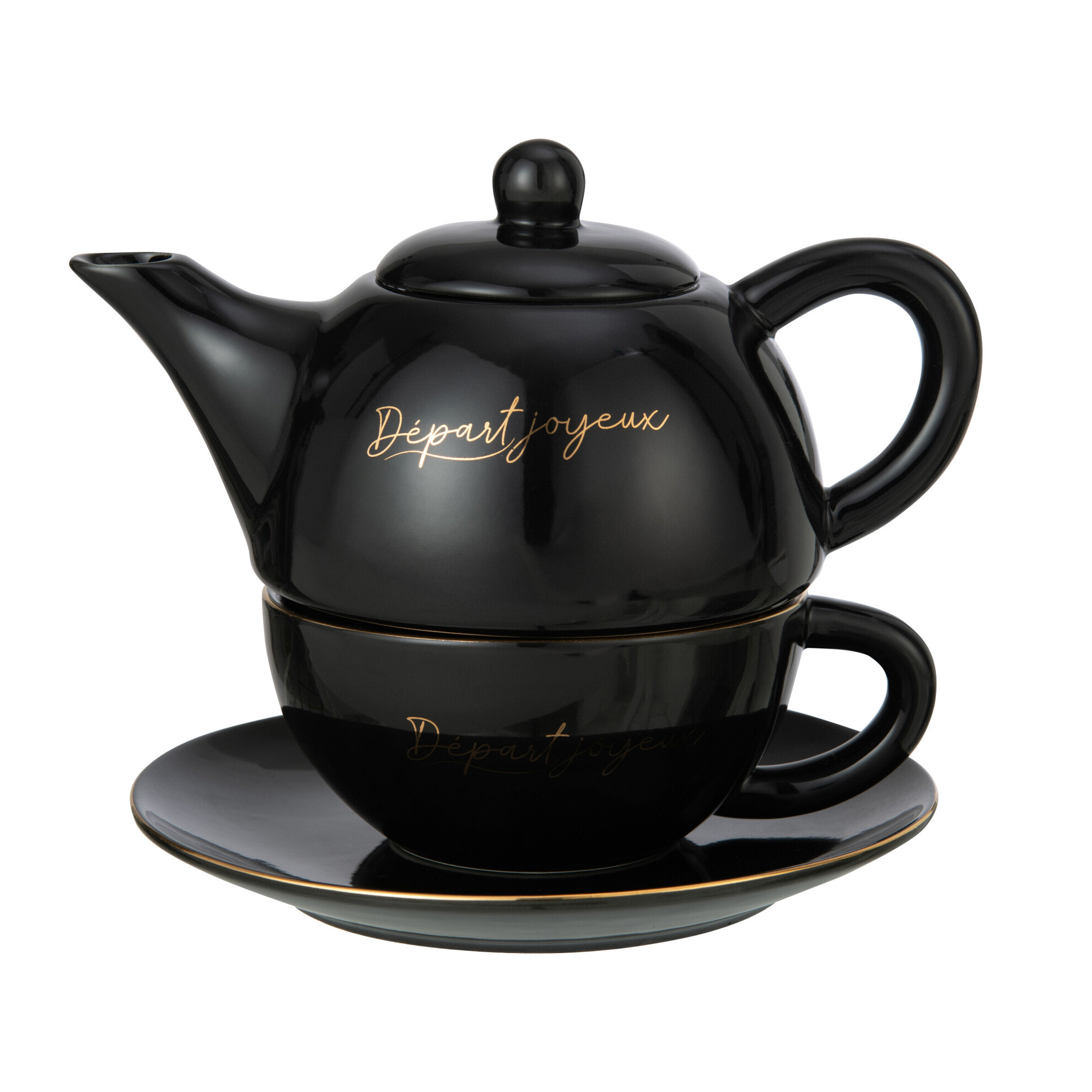 J-Line tasse + théière 'Départ Joyeux' - porcelaine - noir/or