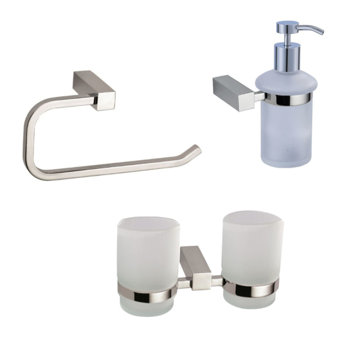 Multi set double pot à brosse à dent + distributeur de savon en verre dépoli + porte-serviettes, chrome (ELEMULTI-SET6)