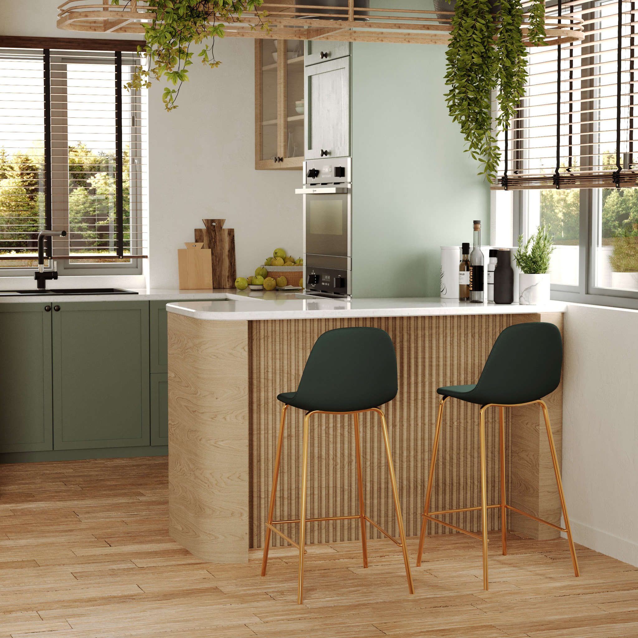 Lot de 2 chaises pour îlot central 65 cm en cuir synthétique vert - Henrik