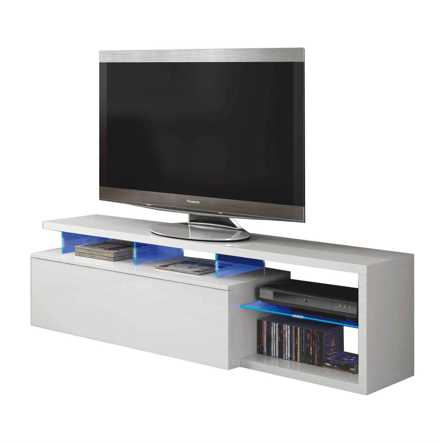 Mobile porta TV Pittsburgh, Credenza per televisione da soggiorno con 1 anta, Supporto TV con luce led, Buffet da salotto, cm 150x41h50, Bianco lucido