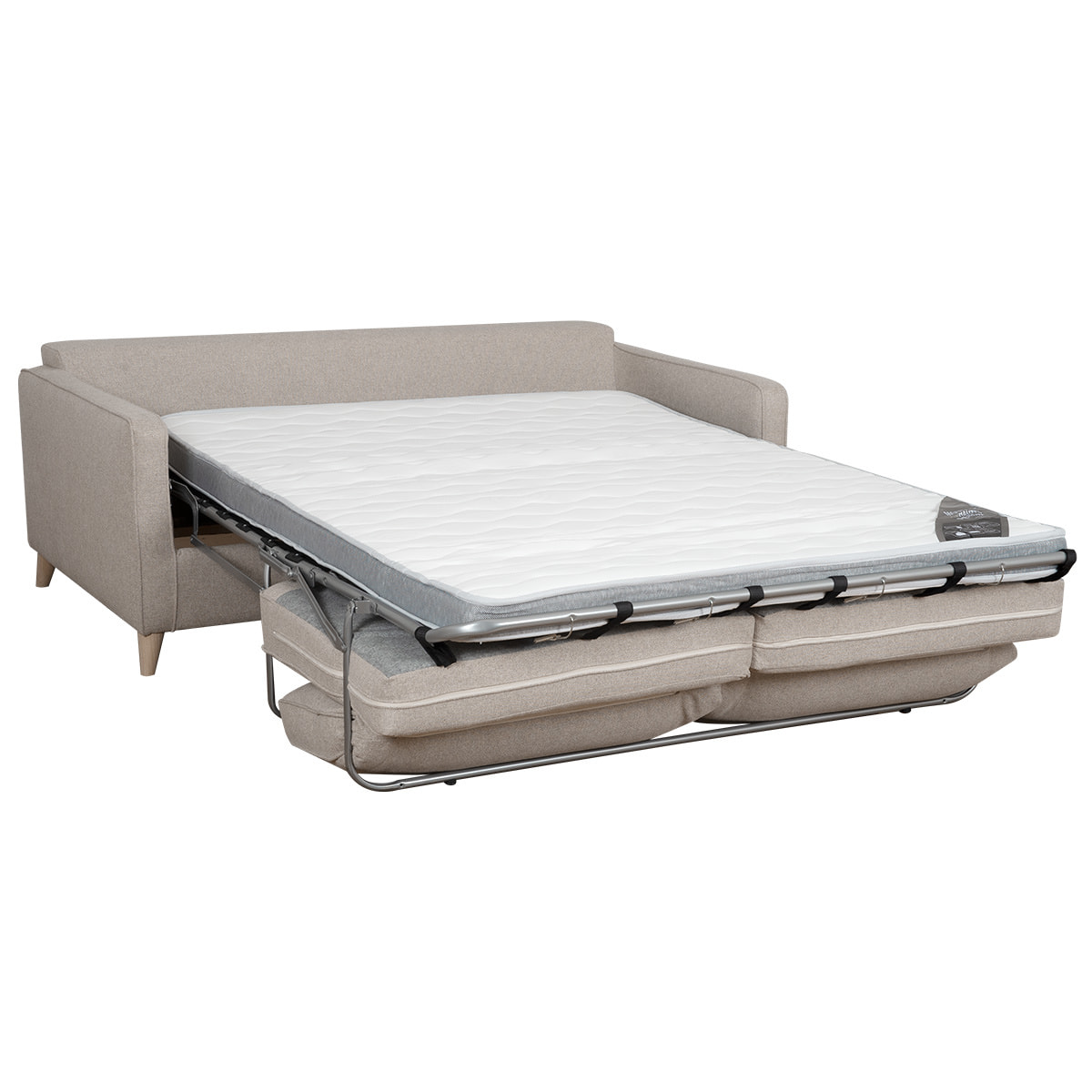 Canapé convertible scandinave 3 places en tissu beige et bois clair avec matelas 10 cm PAPEL