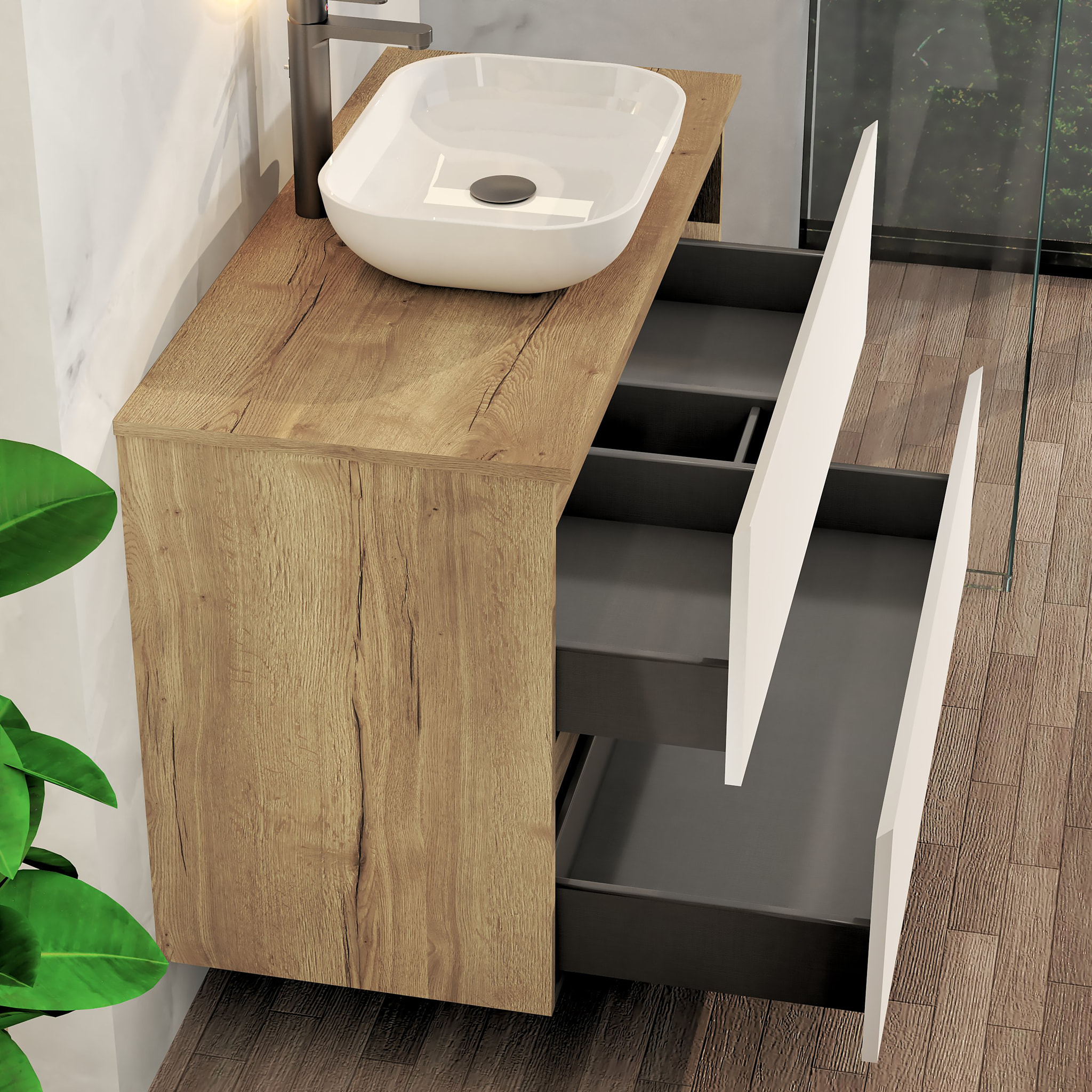 Conjunto de Baño Nia | Mueble Suspendido | 100 cm Blanco | Dos Cajones | Lavabo Sobrepuesto | No incluye Espejo | Mueble Montado| Alday