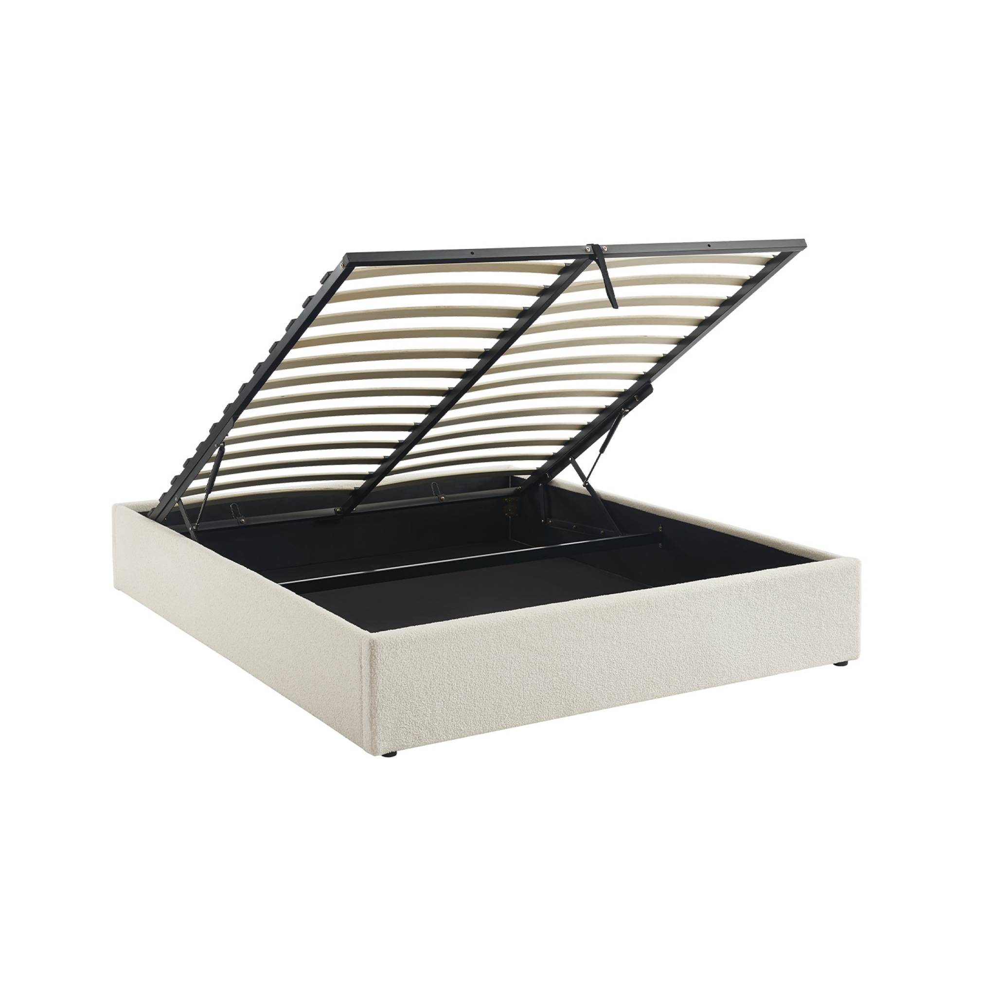 Lit coffre avec sommier à lattes. finition bouclette. blanc. L 213 x P 166.5 x H 32cm