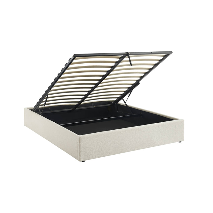 Lit coffre avec sommier à lattes. finition bouclette. blanc. L 213 x P 166.5 x H 32cm