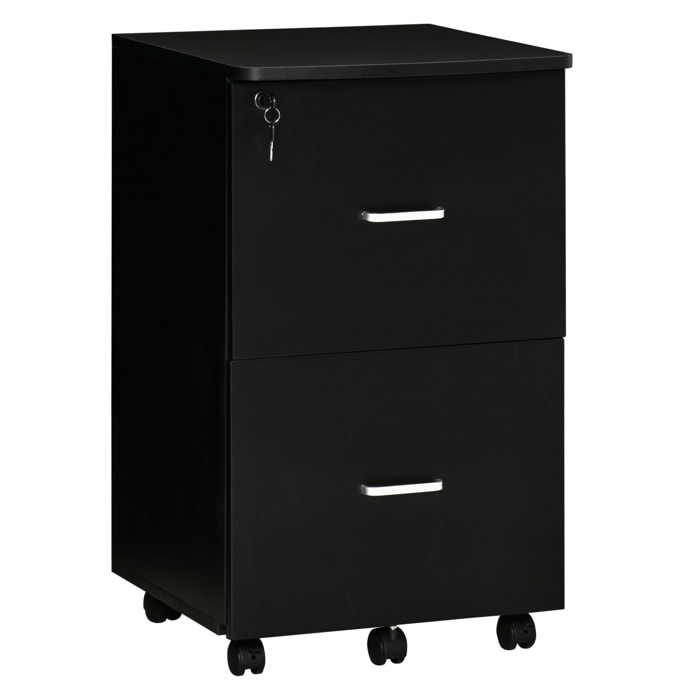 Cajonera de Oficina Mueble Auxiliar para Archivos con 2 Cajones Cerradura de 2 Llaves 5 Ruedas para Tamaño Carta A4 para Estudio Despacho Dormitorio 43x45x72 cm Negro