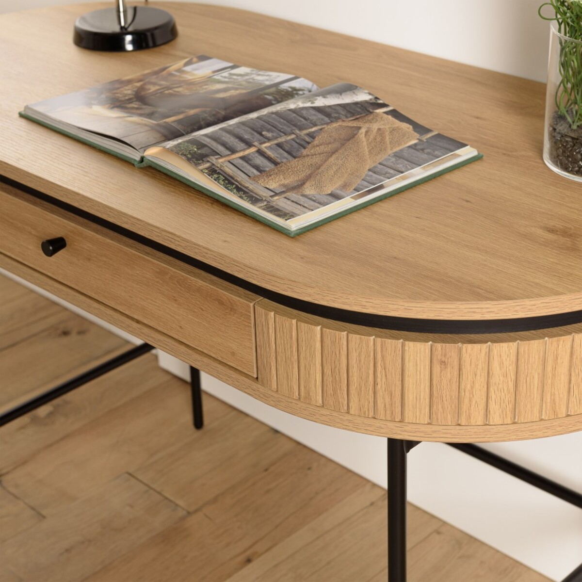 ETHAN - Bureau arrondi couleur naturelle 1 tiroir pieds métal noir