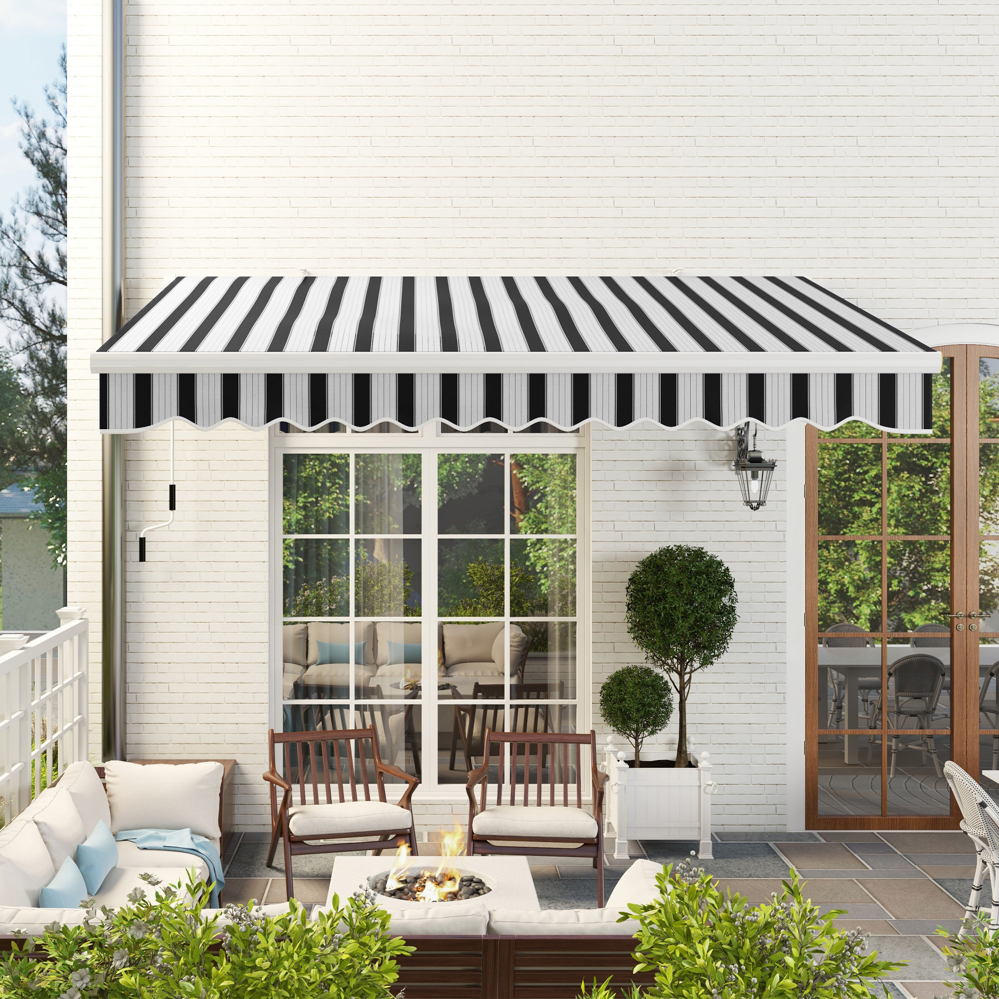 Toldo Manual Retráctil 395x245 cm, Toldo Exterior Terraza con Ángulo Ajustable, Brazo Articulado, Montaje a Pared, Estructura de Aluminio, Anti-UV e Impermeable, para Jardín, Azul y Blanco