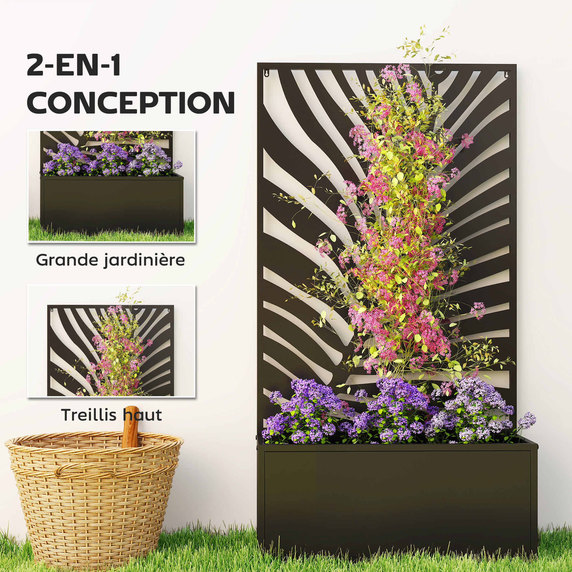 Jardinière treillis haut design graphique feuillage 61 x 23 x 113 cm métal époxy noir