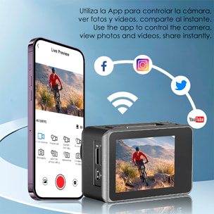 Camera Sportiva M86 TR 8k 15fps con 50 mpx, doppio schermo da 2" e 1.3" con una moltitudine di accessori sportivi e WIFI.