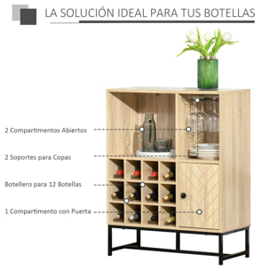 HOMCOM Aparador de Cocina Armario con 1 Puerta 2 Estantes Abiertos Botellero para 12 Botellas y Soporte de 6 Copas de Vino Comedor Bar Restaurante 76x35x97 cm Madera Natural