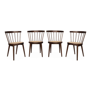 Lot de 4 chaises bois foncé en bois et cannage. Nora. L 53 x P 53.5 x H 76cm