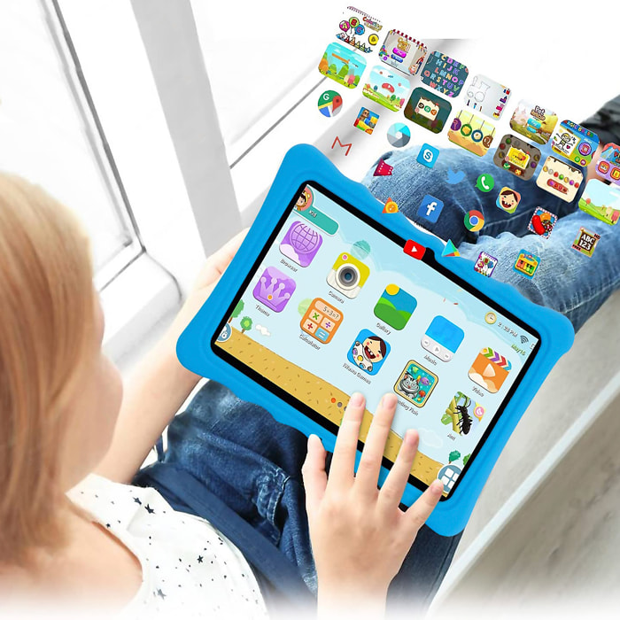 Tablet per bambini Wi-Fi. Sistema operativo Android 10 con IWAWA. Schermo 10.1'' 1280x800px. SC7731E, ARM Cortex™-A7 quad-core, 1,3 Ghz, 2 GB di RAM + 32 GB. Doppia fotocamera, custodia protettiva.