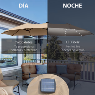 Sombrilla Doble de Jardín con 48 Luces LED Solar 450x265x240 cm Parasol Grande de Exterior con Manivela Protección Solar para Terraza Balcón Piscina Caqui