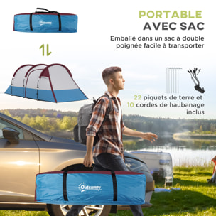 Tente de camping 2-3 pers. porche étanche 2000 mm 3 portes sac de transport rouge