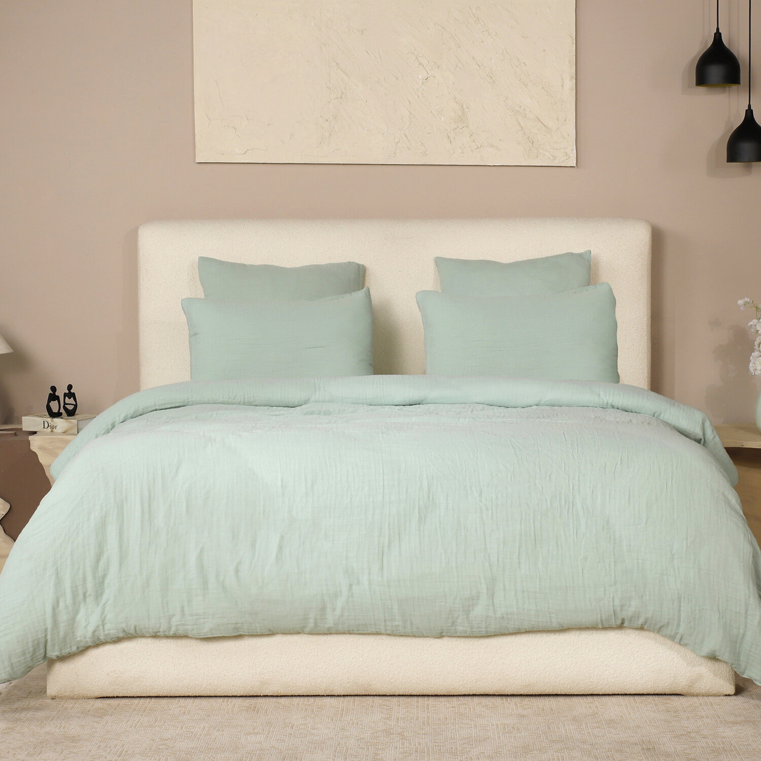 Parure housse de couette gaze de coton lavé vert givrée