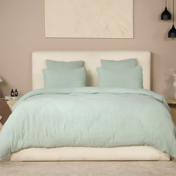 Parure Housse De Couette Uni 100% Gaze de Coton - Ava - Vert Givrée