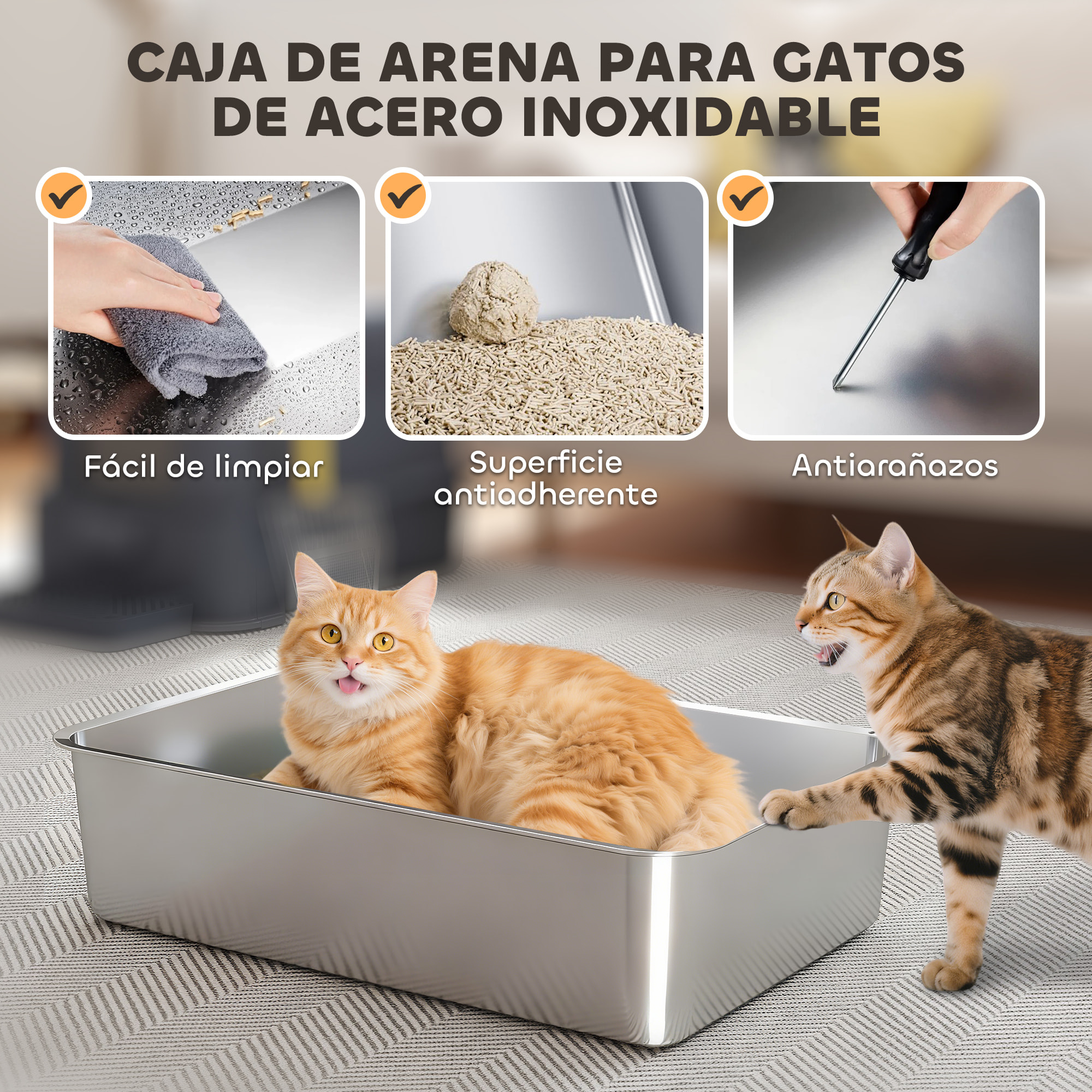 Arenero para Gatos de Acero Inoxidable XL, Caja de Arena para Gatos, Arenero con Tapa Abatible 180°, Laterales Altos, Pedal, Pala, sin Olores, Fácil de Limpiar, Antifugas, Gris Oscuro