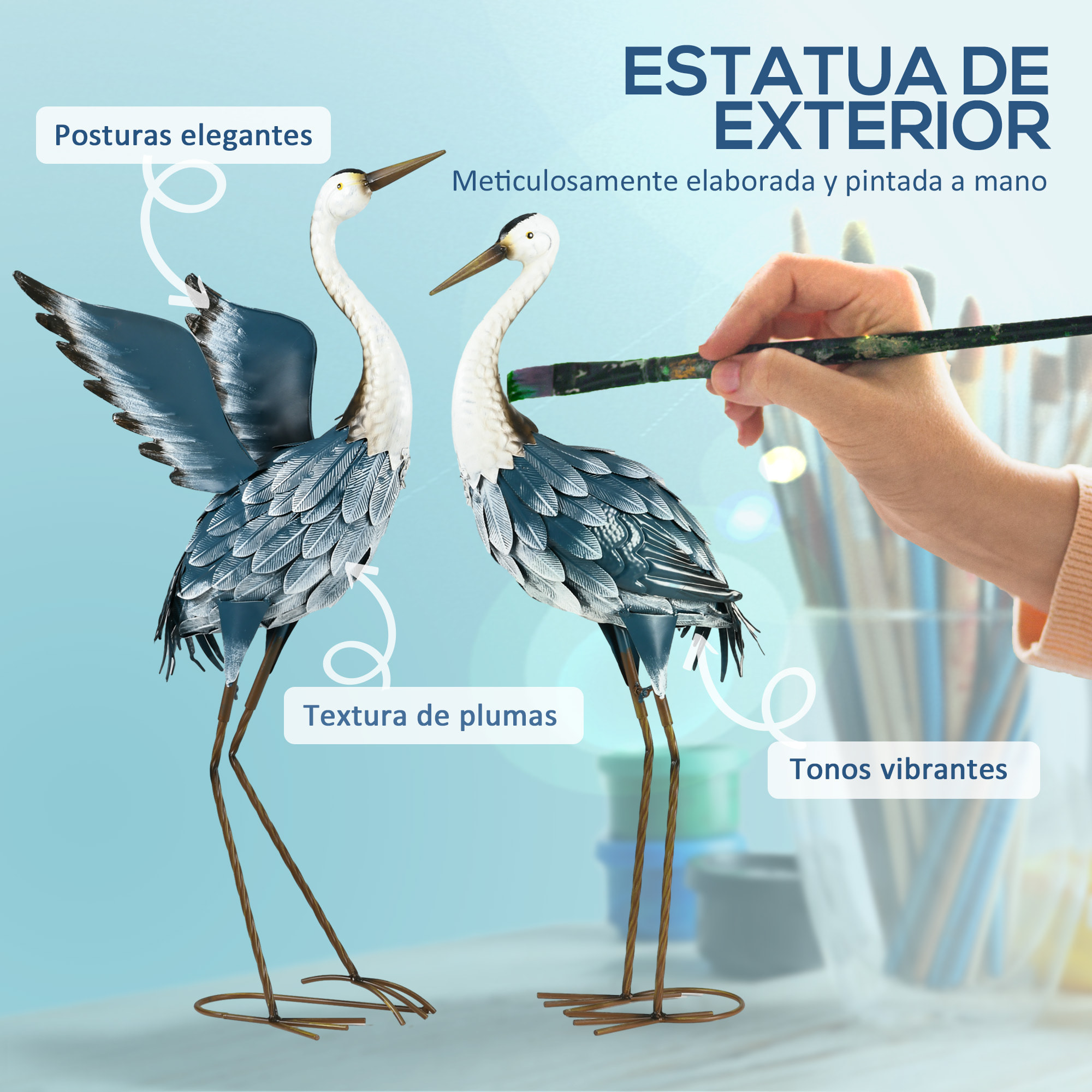 Set de 2 Piezas Estatuas de Jardín de Grulla de Acero Esculturas de Garza para Exteriores Adornos de Grulla para Decoración de Césped Patio Estanque
