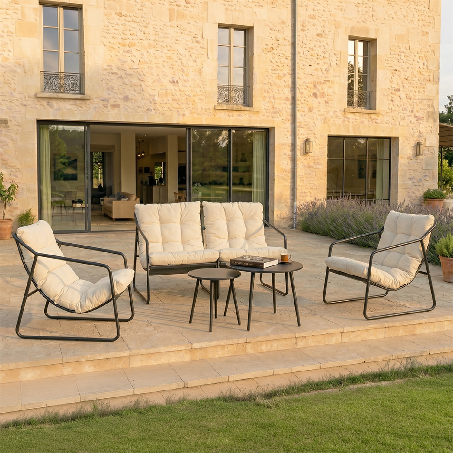 Salon de jardin 4 places gris et beige avec tables basses ANTHI