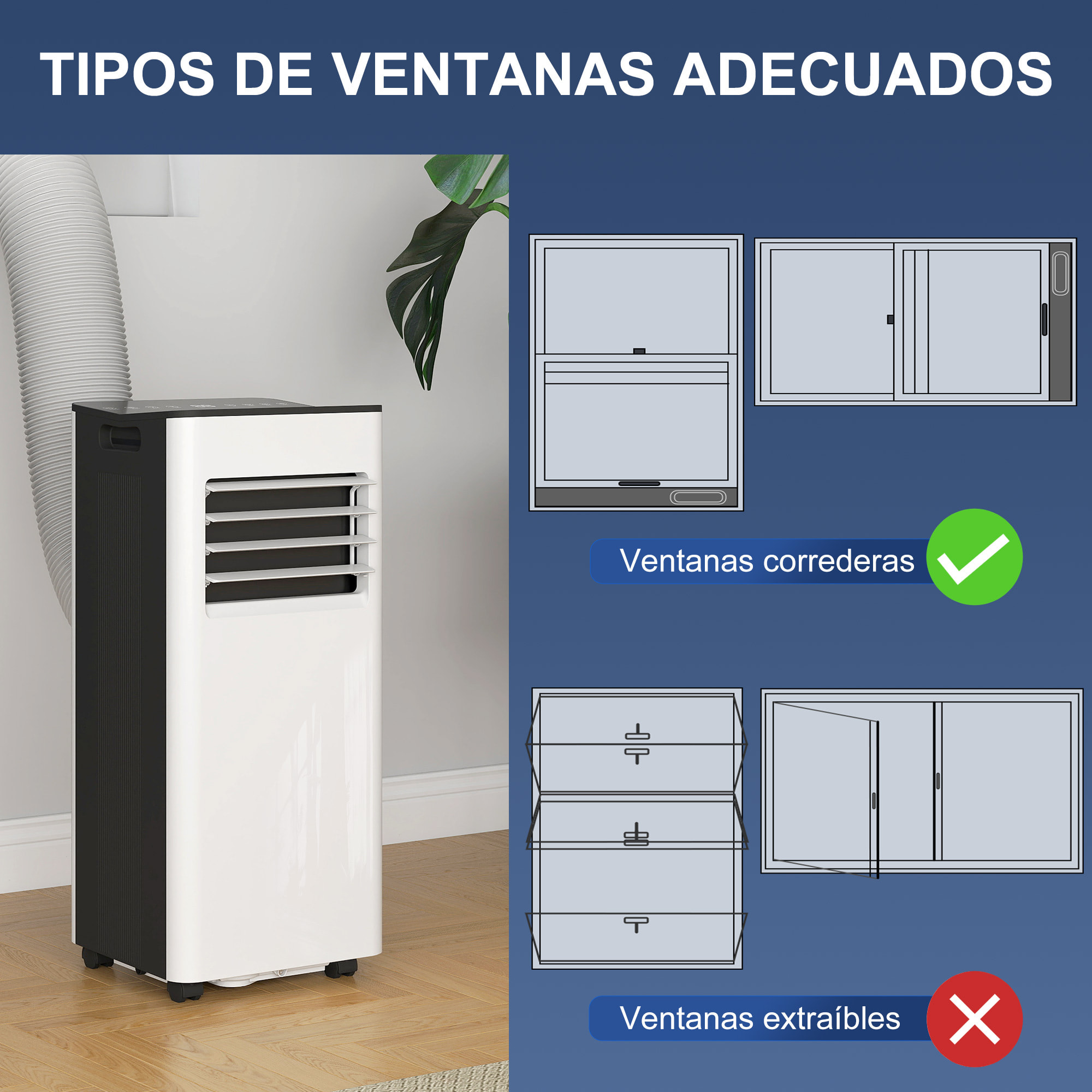 Aire Acondicionado Portátil 3 en 1 9000 BTU Enfriador Ventilador Deshumidificador 24,1 L/Día con Control Remoto Pantalla LED Temporizador 24h 2 Velocidades para Habitación 28m² Blanco