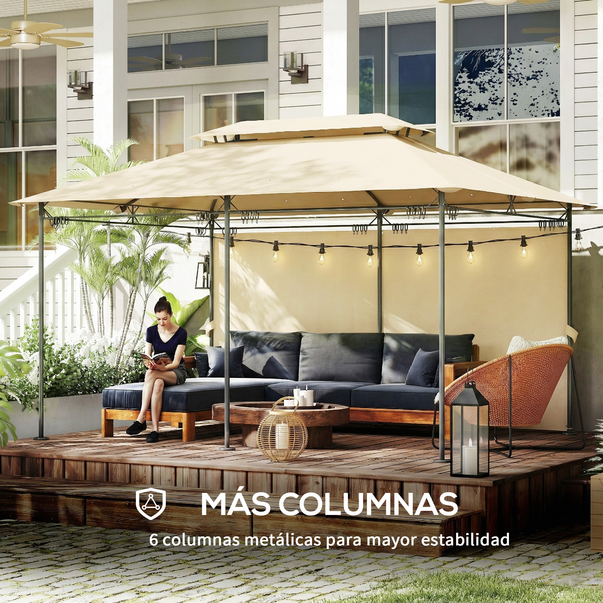 de Jardín 4x3 m, Pabellón de Jardín Gazebo con Doble Techo, 6 Paredes Laterales, Estructura Metálica, Orificios de Drenaje, Carpa para Exterior, Terraza, Patio, Beige