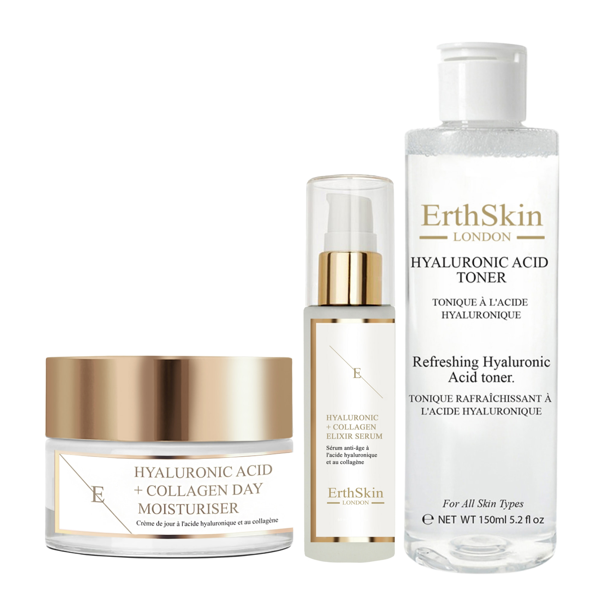 Tónico refrescante de ácido hialurónico 150 ml + Sérum de ácido hialurónico y colágeno 60 ml + Crema de día de ácido hialurónico y colágeno 50 ml
