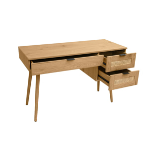 Bureau finition bois clair, cannage rotin et métal noir 3 tiroirs L120 cm MANILLE