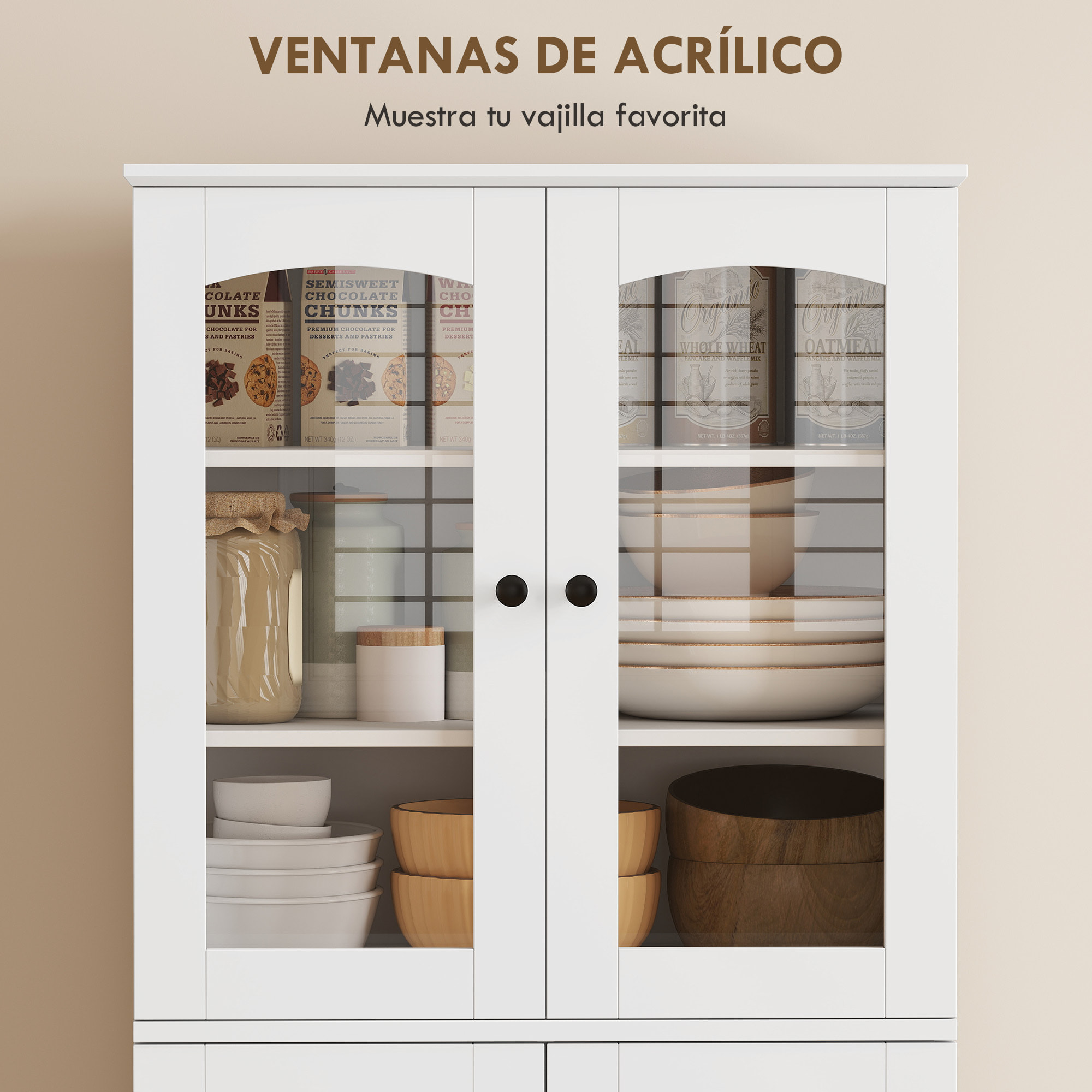 Armario de Cocina, Armario Despensa Cocina, con Puertas Acrílicas de Cierre Suave, 10 Estantes, 8 Compartimentos, Alacena Moderna con 4 Estantes Ajustables para Comedor, 60x40x162 cm, Blanco