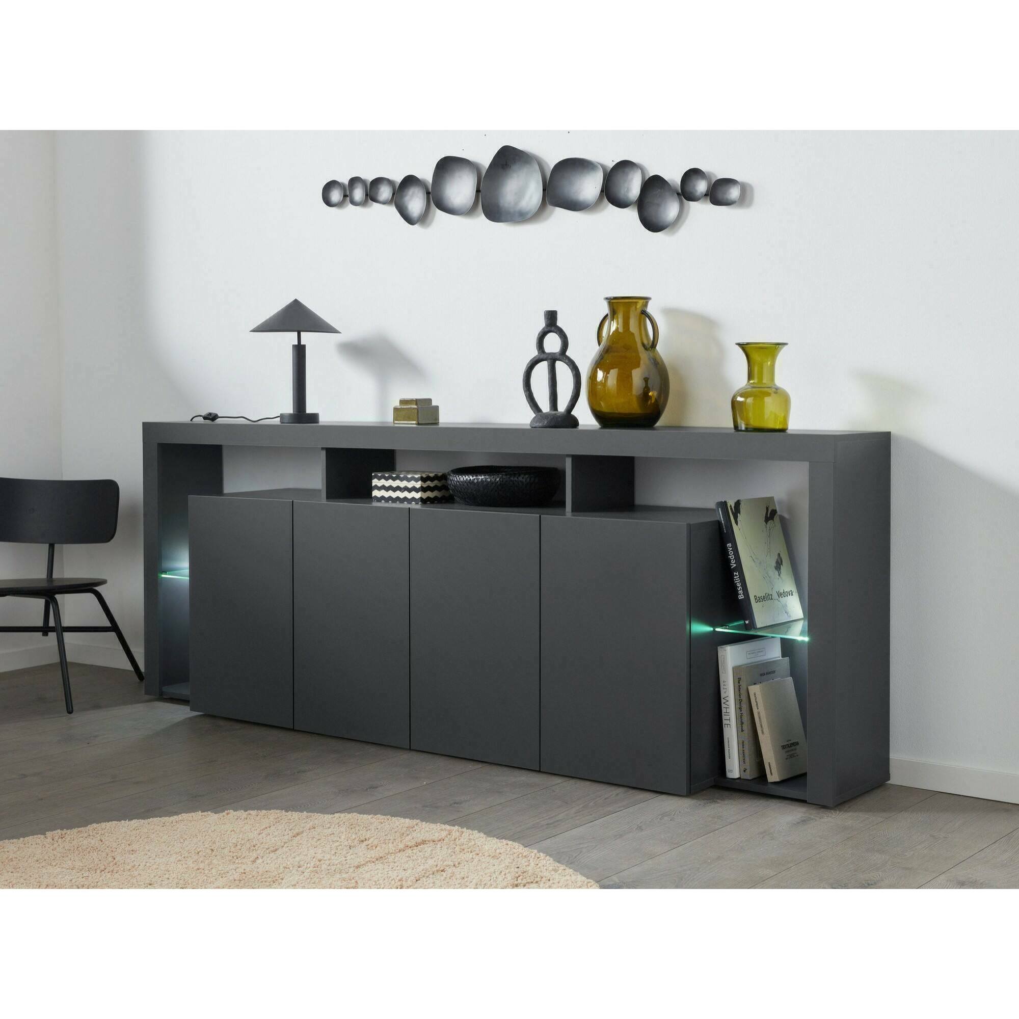 Credenza Ddalessandr, Buffet da soggiorno a 4 ante, Madia da salotto, Credenza moderna, 100% Made in Italy, 220x40h80 cm, Antracite